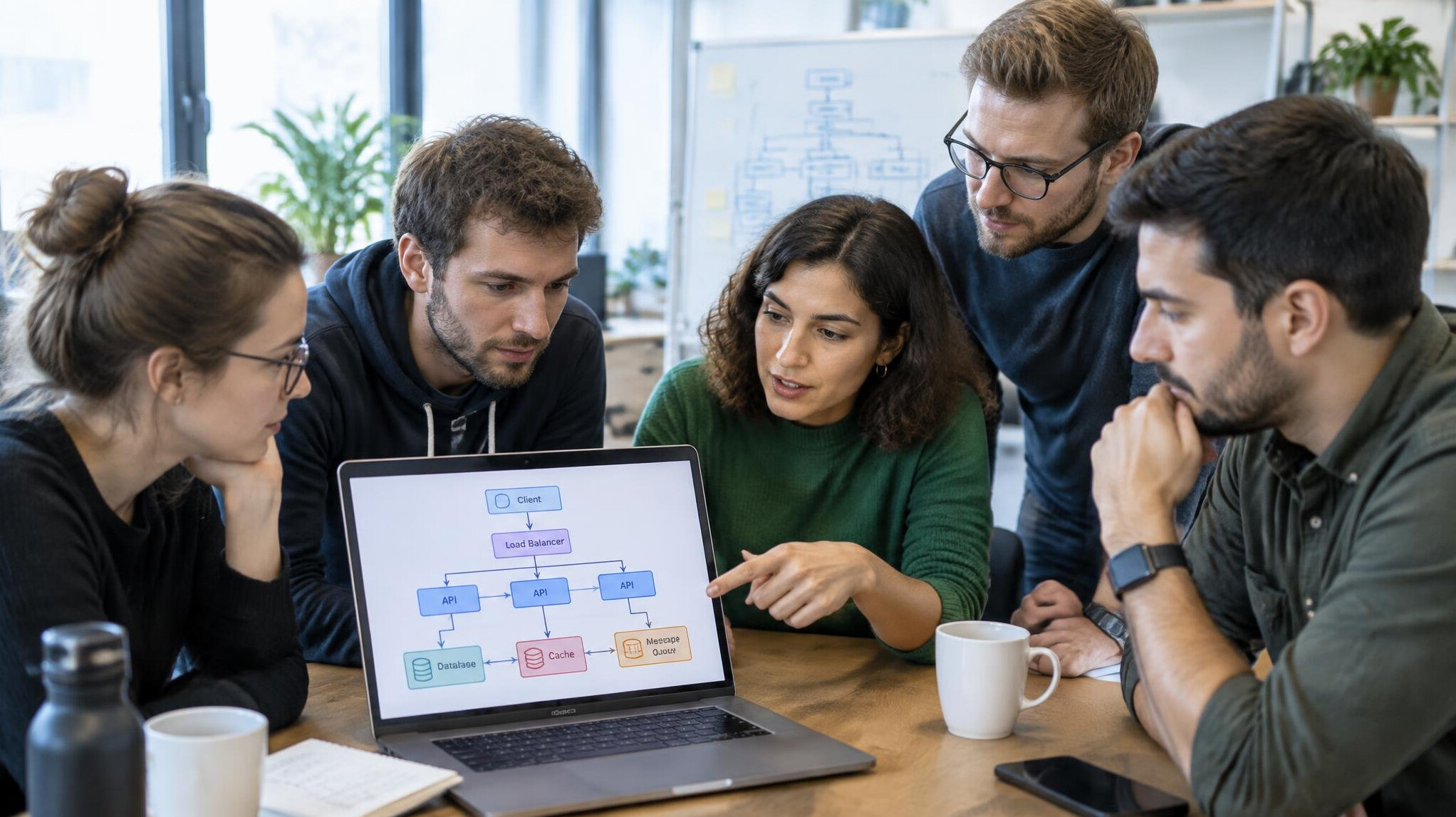 Team of software developers discussing code together