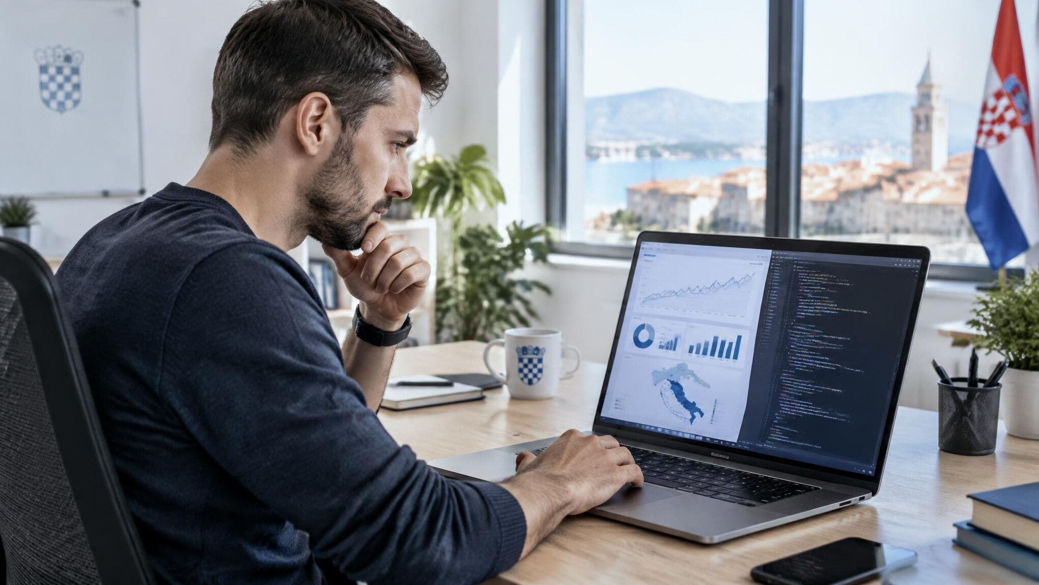 IT specialist analyzing insurance data on a laptop